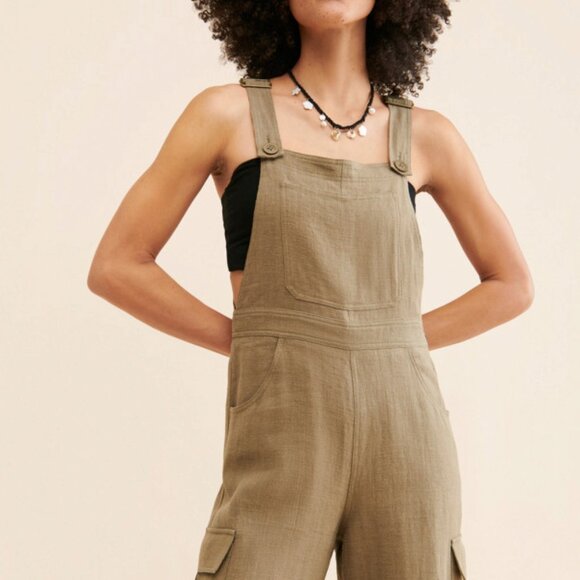 Flat White Linen Cargo Overalls - Picture 5 of 6